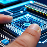 A highly detailed, intricate microchip, showcasing modular 'chiplets' connected by glowing data pathways. The chip is centrally placed on a clean, futuristic workbench within a state-of-the-art semiconductor research laboratory. A blurred, professional hand is visible in the foreground, interacting with a holographic display projecting design schematics. Macro photography, extremely sharp focus on the chip's surface, vibrant circuit patterns, glowing lines, high-resolution, futuristic aesthetic, clean and precise lighting. Perfect anatomy, correct proportions, well-formed hand, natural pose. safe for work, appropriate content, fully clothed, professional dress, family-friendly.