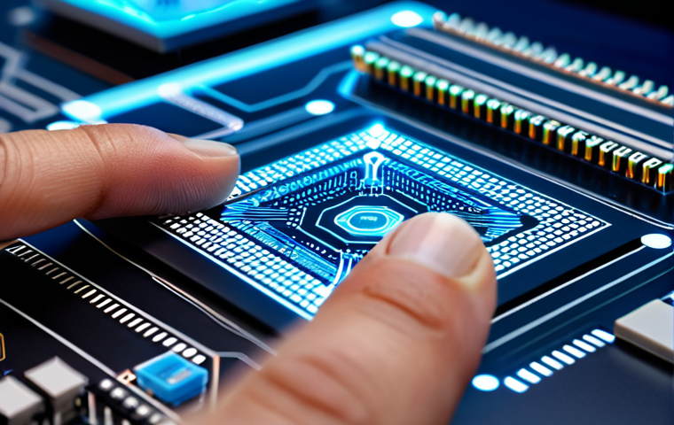 A highly detailed, intricate microchip, showcasing modular 'chiplets' connected by glowing data pathways. The chip is centrally placed on a clean, futuristic workbench within a state-of-the-art semiconductor research laboratory. A blurred, professional hand is visible in the foreground, interacting with a holographic display projecting design schematics. Macro photography, extremely sharp focus on the chip's surface, vibrant circuit patterns, glowing lines, high-resolution, futuristic aesthetic, clean and precise lighting. Perfect anatomy, correct proportions, well-formed hand, natural pose. safe for work, appropriate content, fully clothed, professional dress, family-friendly.
