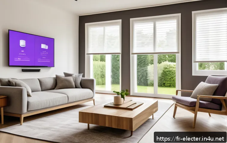 전자공학 프로젝트 아이디어 - A cozy, modern French living room showcasing a smart home system integrating various IoT devices: Zi...