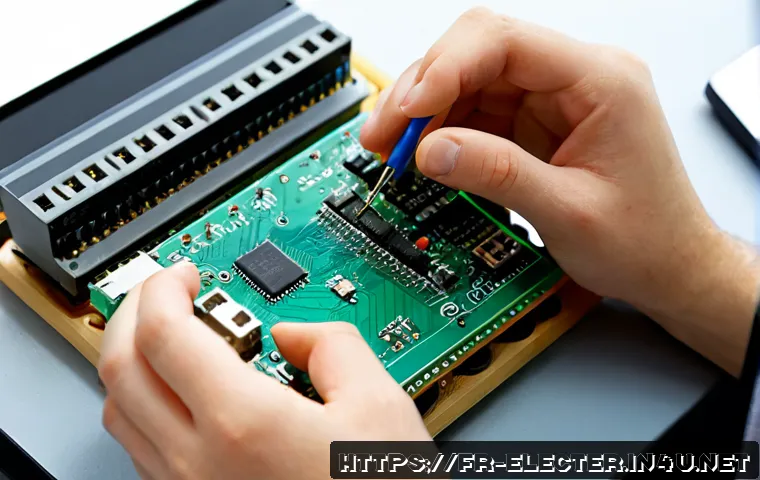 Home 17 마이크로칩 프로그래밍 실습 - Photorealistic close-up of a French electronics student practicing microchip programming at a clean ...